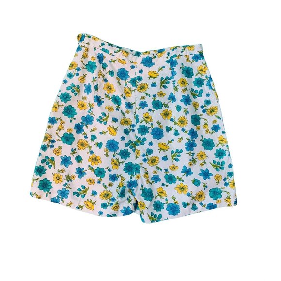 Vintage 1960s Floral Print Shorts Blue Yellow White Cotton | W 26" - Picture 4 of 9